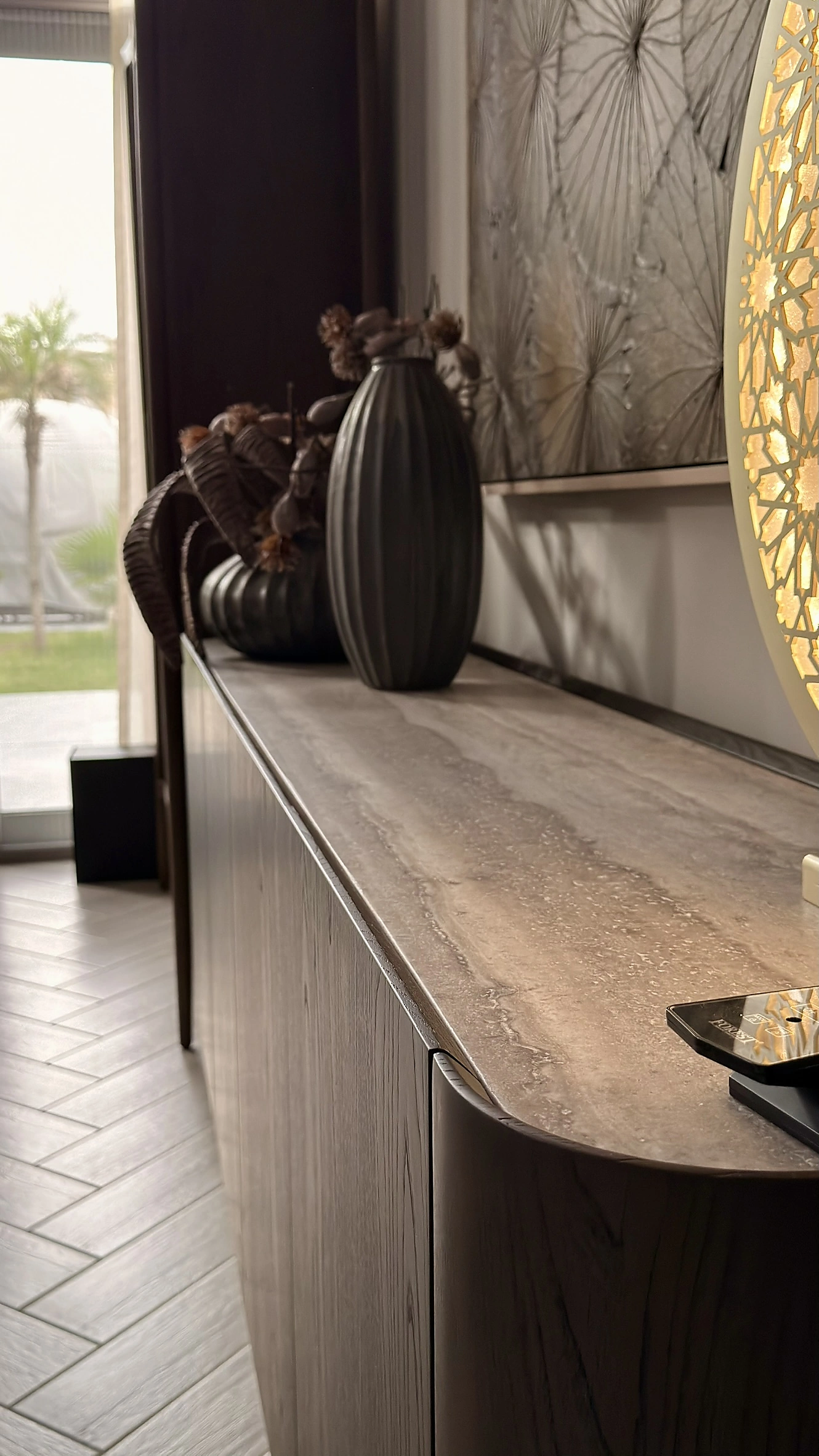 Entrance console with travertine top and grey oak base, Dubai